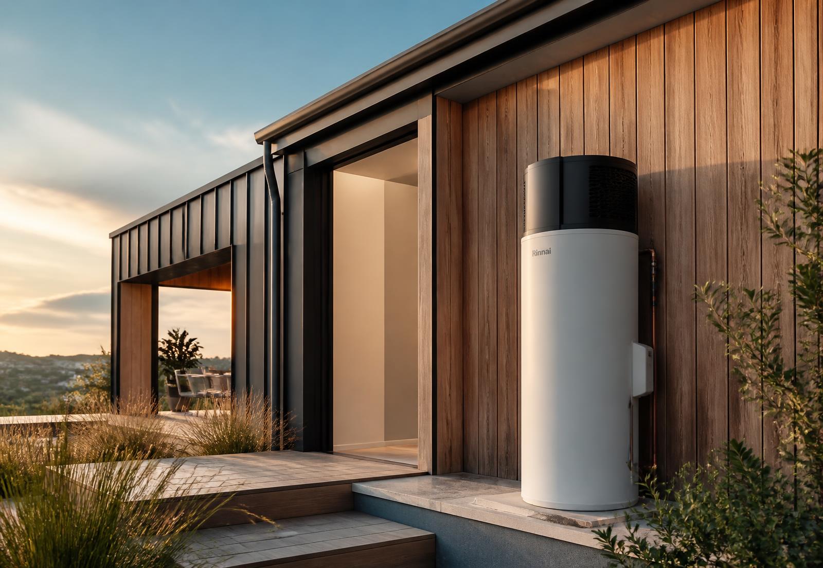 Modern New Zealand home with a hot water heat pump unit installed beside the cladding